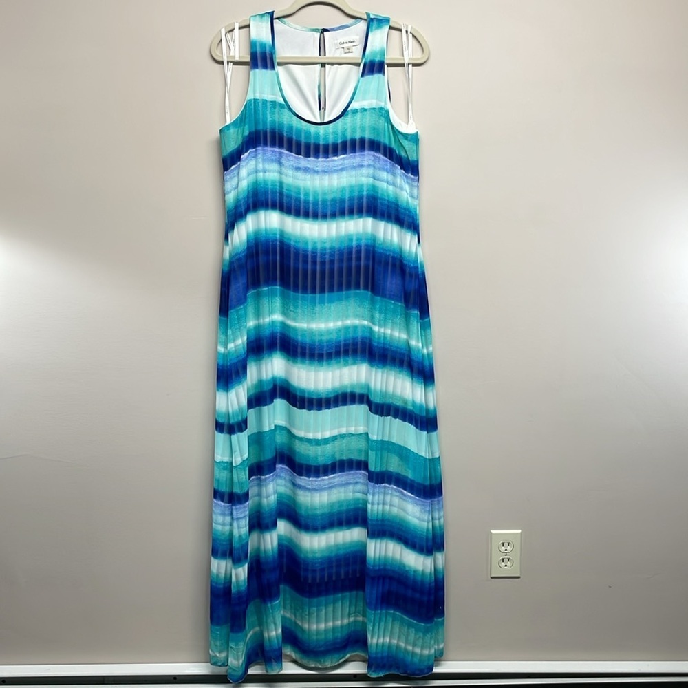 Calvin Klein Blue Striped Sleeveless Shift Maxi Dress 12
